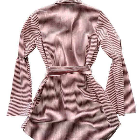 Forever 21 Contemporary Red White Shirt Dress Size Small Belted Bell Sleeve - Picture 6 of 6